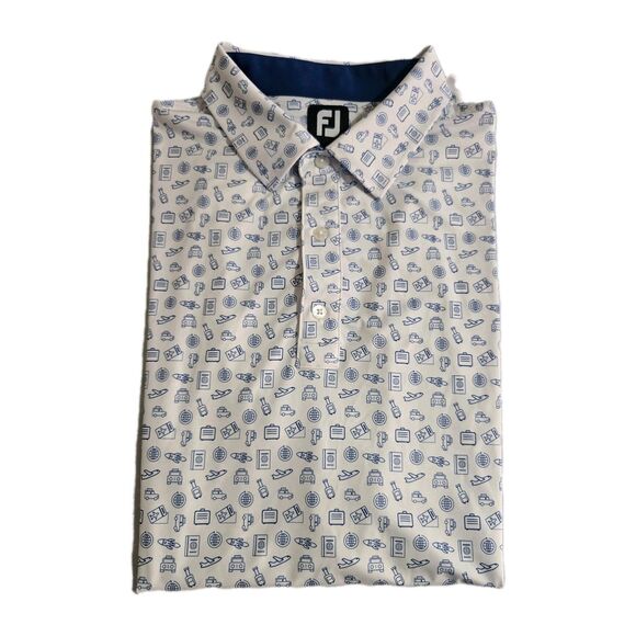 FootJoy Mens Medium White Blue Work Travel AOP Performance Golf Polo Shirt XL - Picture 1 of 10